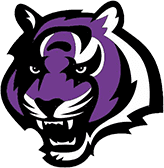 A purple and white tiger head with its mouth open.